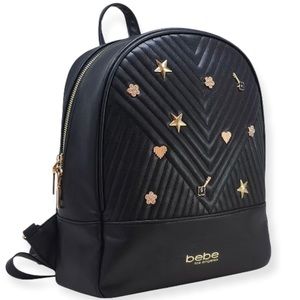 BEBE Hayden Backpack Black Gold Crystal Jeweled Embellishments Vegan Leather NWT